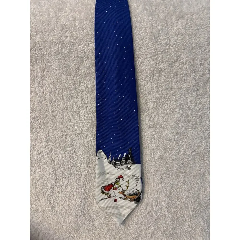 Dr.‎ Seuss Grinch Christmas Necktie Blue Snow Scene Holiday Novelty Tie Mens